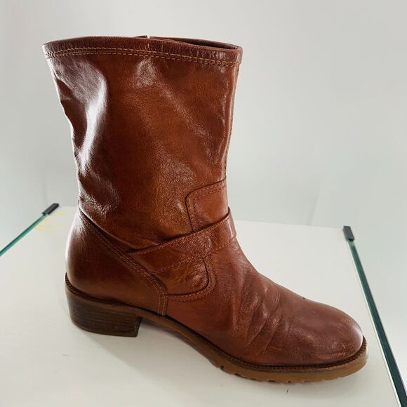 Michael KORS Leather Biker Round Toe Boot Brown 8 Distress Imperfect No Marking - Picture 3 of 16